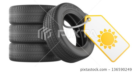 Summer tires set with sun tag seasonal concept, 3D rendering 136590249