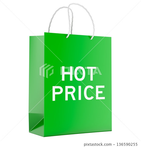 Hot Price concept with green shopping bag. 3D rendering 136590255