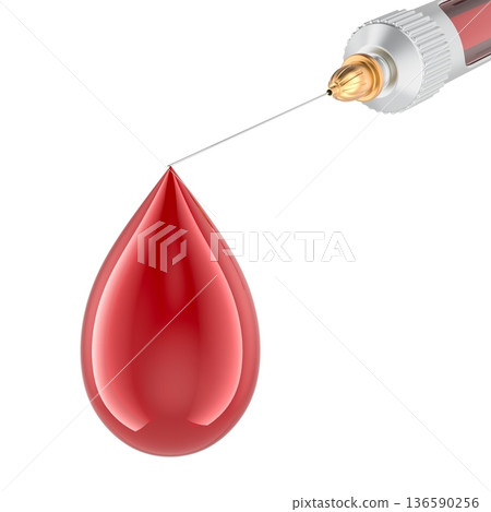 Syringe needle with blood drop. 3D rendering 136590256