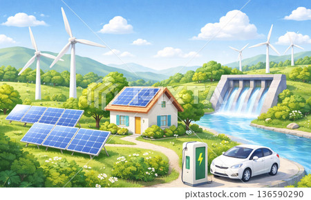描繪一個可再生能源廣泛應用的可持續未來社會圖景 136590290