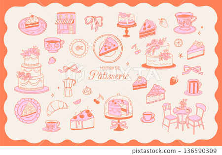 Retro pastry shop and bakery icons, logos and labels set. Vintage illustrations of cakes, coffee 136590309