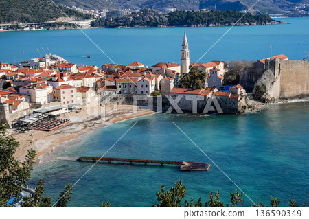 Aerial View of Budva Old Town and Adriatic Coast 136590349