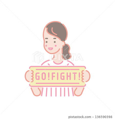 Illustration of a woman cheering for a baseball team, holding up a scarf 136590398
