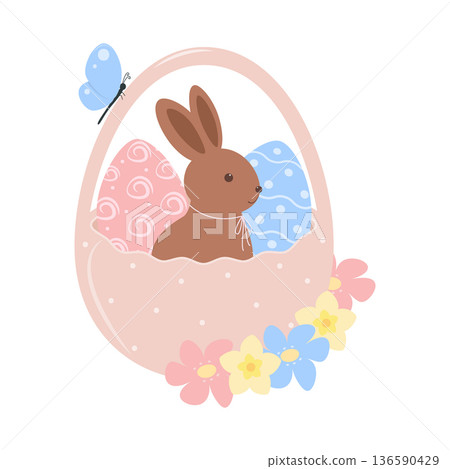 Easter Greeting Design element with chocolate bunny and decorated Easter Eggs in basket and nature. Isolated Vector illustration Sticker Easter Thematic Poster Media post or Promo banner, leaflet, tag Easter Greeting Design element with chocolate bunny and decorated Easter Eggs in basket and nature. Isolated Vector illustration Sticker Easter Thematic Poster Media post or Promo banner, leaflet, tag 136590429