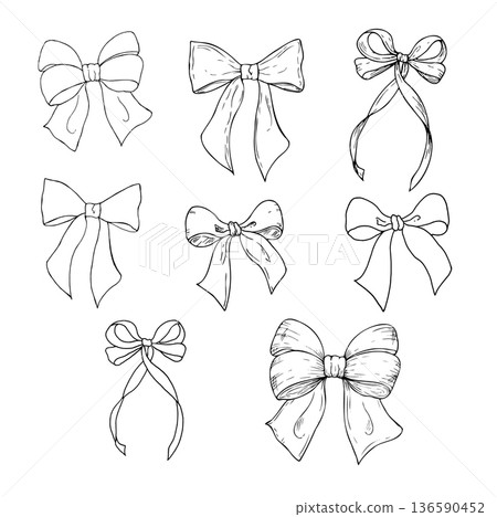 Vector set of bows with long ribbons. Graphic festive gift, hand drawn illustration isolated on background. Botanical and wedding, baby clip art. For greeting card, wallpaper, wrapping paper design Vector set of bows with long ribbons. Graphic festive gift, hand drawn illustration isolated on background. Botanical and wedding, baby clip art. For greeting card, wallpaper, wrapping paper design 136590452