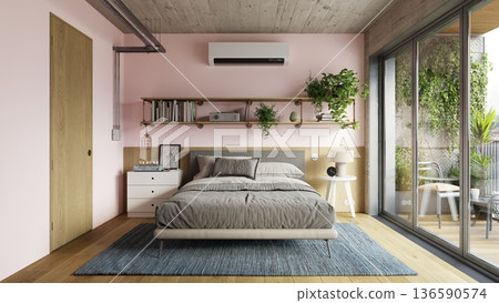Modern bedroom interior with pink wall and concrete ceiling. 3D render of industrial style room with balcony and plants. Home design visualization Modern bedroom interior with pink wall and concrete ceiling. 3D render of industrial style room with balcony and plants. Home design visualization 136590574