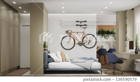 Modern studio apartment interior with wall-mounted bicycle and skis. Compact living space featuring a home office desk and kitchen background. 3d render of active lifestyle room design 136590579
