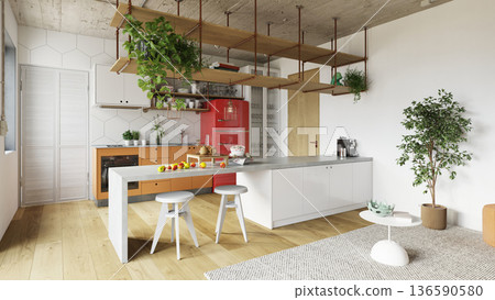 Modern industrial kitchen interior with red refrigerator and concrete ceiling. Bright loft apartment design featuring an island and hanging shelves. 3d render of stylish home Modern industrial kitchen interior with red refrigerator and concrete ceiling. Bright loft apartment design featuring an island and hanging shelves. 3d render of stylish home 136590580