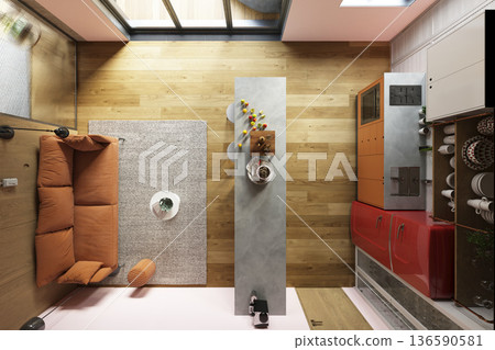 Top view of modern compact apartment interior with kitchen and living room. 3D render of home layout with orange sofa and red fridge 136590581
