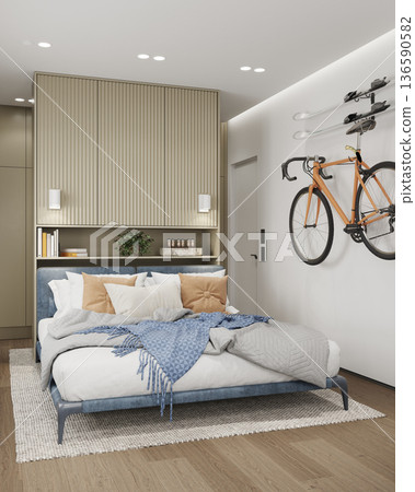 Modern bedroom interior with orange bicycle hanging on wall. 3D render of stylish room with blue bed and built-in wardrobe storage Modern bedroom interior with orange bicycle hanging on wall. 3D render of stylish room with blue bed and built-in wardrobe storage 136590582