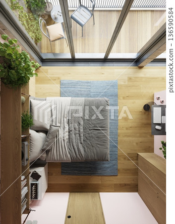 Top view of modern bedroom interior with balcony access. 3D render of apartment layout with bed, desk, and wooden furniture Top view of modern bedroom interior with balcony access. 3D render of apartment layout with bed, desk, and wooden furniture 136590584