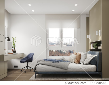 Modern bedroom interior with home office workspace. 3D rendering of a compact room with bed, desk, and city view Modern bedroom interior with home office workspace. 3D rendering of a compact room with bed, desk, and city view 136590585