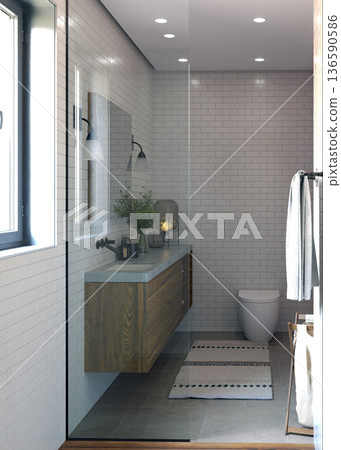 Modern bathroom interior with wooden vanity and white subway tiles. 3D rendering of a clean restroom with shower and toilet Modern bathroom interior with wooden vanity and white subway tiles. 3D rendering of a clean restroom with shower and toilet 136590586