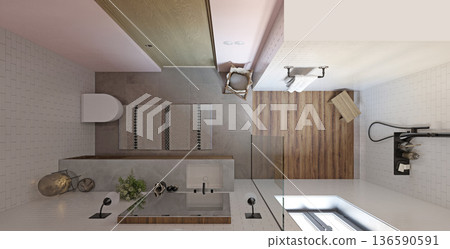 Top view of a modern bathroom interior with shower and vanity. 3D render of a home design plan with white tiles and wood details 136590591
