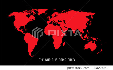 Vector drawing red world map isolated on black background. Detailed creative illustration that demonstrated the world is going crazy Vector drawing red world map isolated on black background. Detailed creative illustration that demonstrated the world is going crazy 136590620