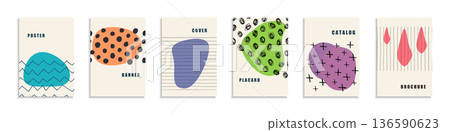 Collection of drawing art covers, templates, backgrounds, placards, brochures, banners, flyers. Creative hand drawn posters with color shapes and sketch print 136590623