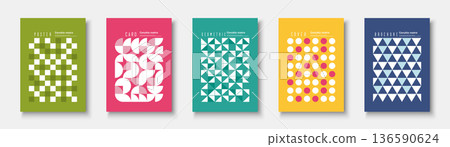 Collection of bright color posters with mosaic geometric shapes and digital print. Vector modern placards, brochures, banners, backgrounds, cards. Artwork creative fashion covers 136590624