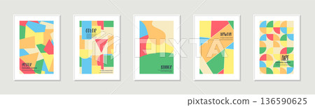 Collection of vector colorful posters with abstract geometric shapes. Creative covers in modern art fashion style. Bright trendy placards, brochures, banners, backgrounds 136590625