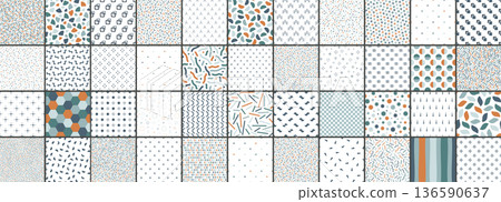 Collection of unusual fashion colorful seamless patterns. Bright minimalistic scrapbook backgrounds. Retro 80-90s trendy prints Collection of unusual fashion colorful seamless patterns. Bright minimalistic scrapbook backgrounds. Retro 80-90s trendy prints 136590637