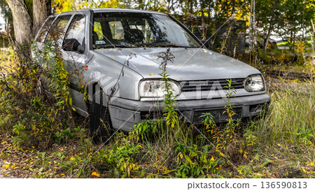 Abandoned Car Overgrown with Grass Abandoned Car Overgrown with Grass 136590813