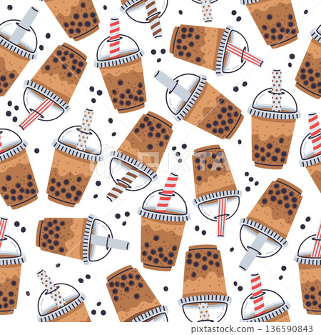 Bubble milk tea seamless pattern. Cartoon tapioca pearls boba tea cups, hand drawn asian milk tea flat vector background illustration. Milk tea cups endless design 136590843