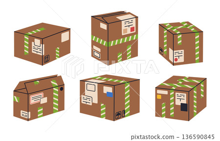 Cardboard boxes. Packed parcels, stacked cargo warehouse box piles, delivery or moving carton containers stack flat vector illustration set. Cartoon boxes isolated on white background 136590845