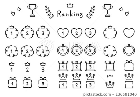 Cute hand-drawn numbers and rankings, hearts, crowns Cute hand-drawn numbers and rankings, hearts, crowns 136591040