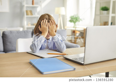 Sad Schoolboy Crying While Doing Homework At Home 136591280