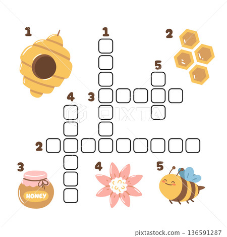 Crossword style puzzle with bees and flowers. Helps children practice logic, words and visual thinking in a cute nature setting. 136591287