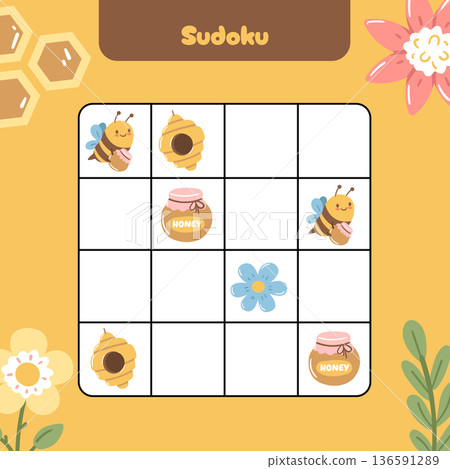Simple sudoku with bees and honey. Ideal for printable activities, classroom fun or cozy family game time. 136591289