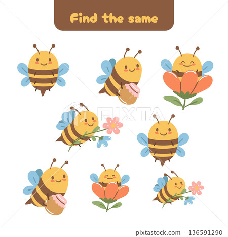 Find the same bee game with flowers and cute characters. Supports visual memory and attention in a joyful way. Find the same bee game with flowers and cute characters. Supports visual memory and attention in a joyful way. 136591290