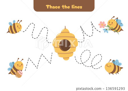 Tracing paths game where bees fly to the hive. Great for improving hand control and coordination. 136591293