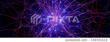 Brain Roots Neural Tree Background Neuron Burst Neuron Connection Lines Glowing Particles Net Pattern. AI Bio Chemical Connections Medical Science Innovative Technology Backdrop. Vector Illustration 136591618