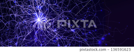 Neural network connections background with glowing blue green lines on dark. Futuristic AI data flow design for tech, science, medical banners. Neural connections backgrounds. Vector illustration 136591623