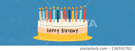 Birthday cake with ten candles and happy birthday text. Illustrated birthday cake with ten lit candles and Happy Birthday message on blue background 136591762