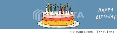 Birthday cake with ten candles and happy birthday text. Illustrated birthday cake with ten lit candles and Happy Birthday message on blue background 136591763