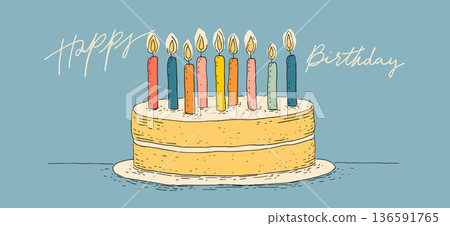 Birthday cake with ten candles and happy birthday text. Illustrated birthday cake with ten lit candles and Happy Birthday message on blue background 136591765