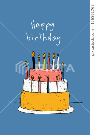 Birthday cake with ten candles and happy birthday text. Illustrated birthday cake with ten lit candles and Happy Birthday message on blue background 136591768