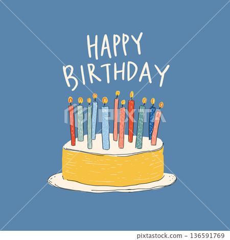 Birthday cake with ten candles and happy birthday text. Illustrated birthday cake with ten lit candles and Happy Birthday message on blue background Birthday cake with ten candles and happy birthday text. Illustrated birthday cake with ten lit candles and Happy Birthday message on blue background 136591769