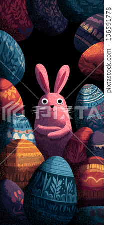 Bunny peeking from behind colorful Easter eggs greeting card. Bunny character hiding among patterned Easter eggs and dark foliage, celebrating the spring holiday Bunny peeking from behind colorful Easter eggs greeting card. Bunny character hiding among patterned Easter eggs and dark foliage, celebrating the spring holiday 136591778