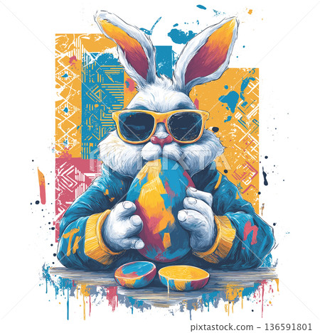 Cool cartoon rabbit wearing sunglasses holding Easter egg poster. Cartoon rabbit wearing sunglasses holding a colorful graffiti-painted Easter egg with traditional food Cool cartoon rabbit wearing sunglasses holding Easter egg poster. Cartoon rabbit wearing sunglasses holding a colorful graffiti-painted Easter egg with traditional food 136591801