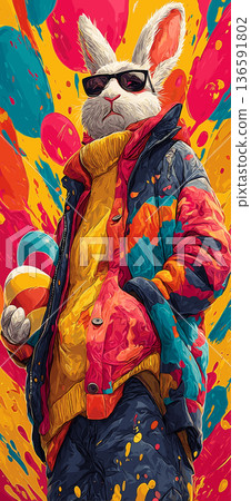 Cool Easter bunny wearing sunglasses holding decorated egg. Easter poster. Anthropomorphic bunny wearing colorful jacket, surrounded by paint splatters and festive eggs Cool Easter bunny wearing sunglasses holding decorated egg. Easter poster. Anthropomorphic bunny wearing colorful jacket, surrounded by paint splatters and festive eggs 136591802
