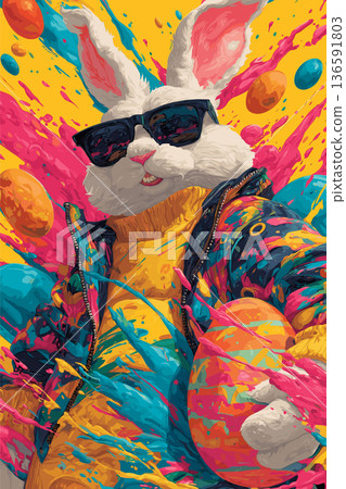 Cool Easter bunny wearing sunglasses holding decorated egg. Easter poster. Anthropomorphic bunny wearing colorful jacket, surrounded by paint splatters and festive eggs Cool Easter bunny wearing sunglasses holding decorated egg. Easter poster. Anthropomorphic bunny wearing colorful jacket, surrounded by paint splatters and festive eggs 136591803