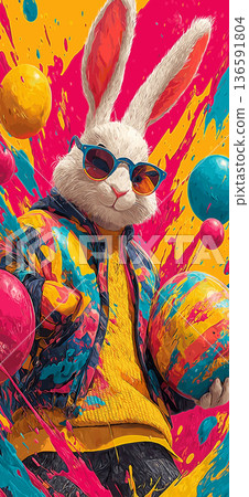 Cool Easter bunny wearing sunglasses holding decorated egg. Easter poster. Anthropomorphic bunny wearing colorful jacket, surrounded by paint splatters and festive eggs Cool Easter bunny wearing sunglasses holding decorated egg. Easter poster. Anthropomorphic bunny wearing colorful jacket, surrounded by paint splatters and festive eggs 136591804