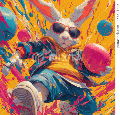 Cool Easter bunny wearing sunglasses holding decorated egg. Easter poster. Anthropomorphic bunny wearing colorful jacket, surrounded by paint splatters and festive eggs Cool Easter bunny wearing sunglasses holding decorated egg. Easter poster. Anthropomorphic bunny wearing colorful jacket, surrounded by paint splatters and festive eggs 136591806
