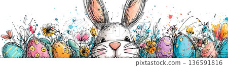 Easter bunny holding decorated eggs and spring flowers wallpaper. Whimsical Easter bunny holding colorful decorated eggs and spring flowers in hand-drawn doodle style 136591816