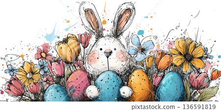Easter bunny holding decorated eggs and spring flowers wallpaper. Whimsical Easter bunny holding colorful decorated eggs and spring flowers in hand-drawn doodle style 136591819