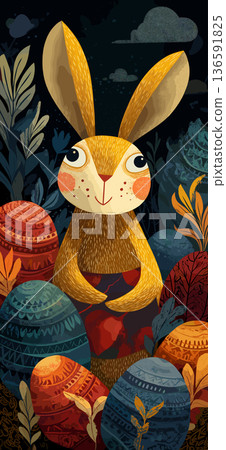 Easter bunny with folk art patterned eggs in nature. Easter poster. Happy rabbit and decorated Easter eggs among stylized plants, celebrating spring 136591825