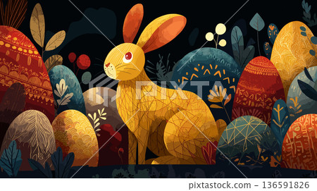 Easter bunny with folk art patterned eggs in nature. Easter poster. Happy rabbit and decorated Easter eggs among stylized plants, celebrating spring Easter bunny with folk art patterned eggs in nature. Easter poster. Happy rabbit and decorated Easter eggs among stylized plants, celebrating spring 136591826
