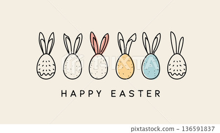 Easter eggs with bunny ears and Happy Easter text. Happy Easter greeting card. Pastel colored eggs with bunny ears and Happy Easter text, celebrating spring holiday 136591837